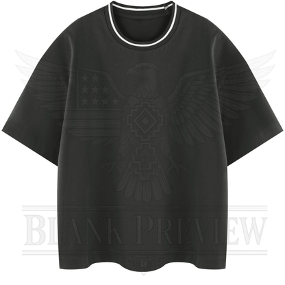 A black t-shirt with an eagle design printed on it.