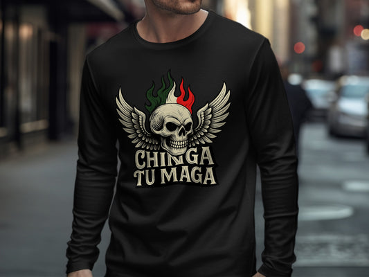 Skull with Wings and Flames Graphic Long Sleeve Shirt