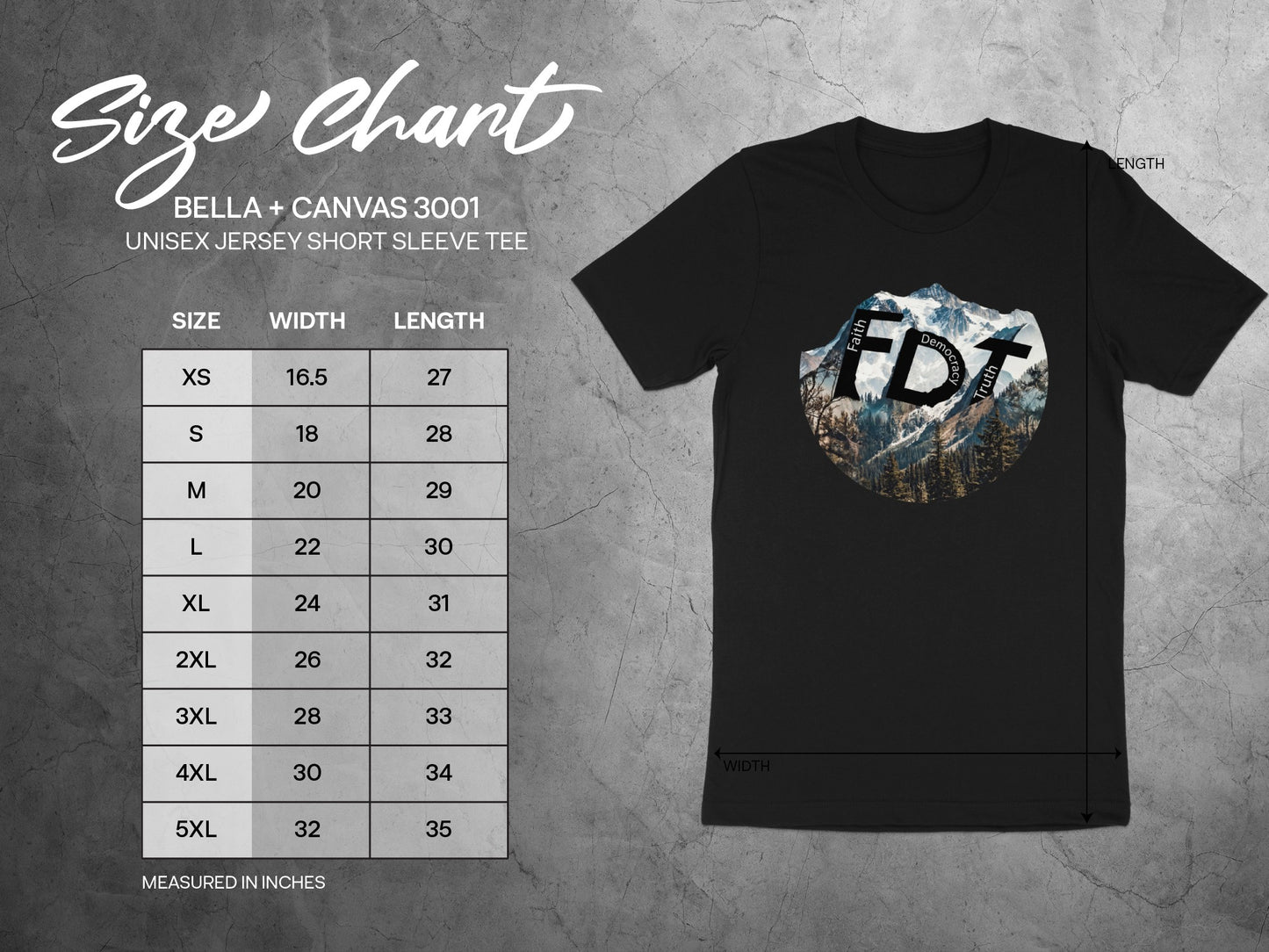 Bella+Canvas 3001 unisex t-shirt size chart with measurements for width and length.