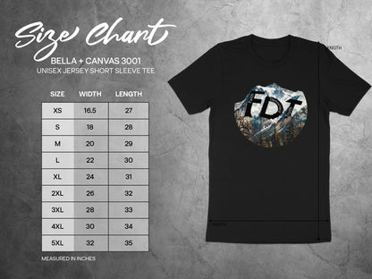 Bella+Canvas 3001 unisex t-shirt size chart with measurements for width and length.