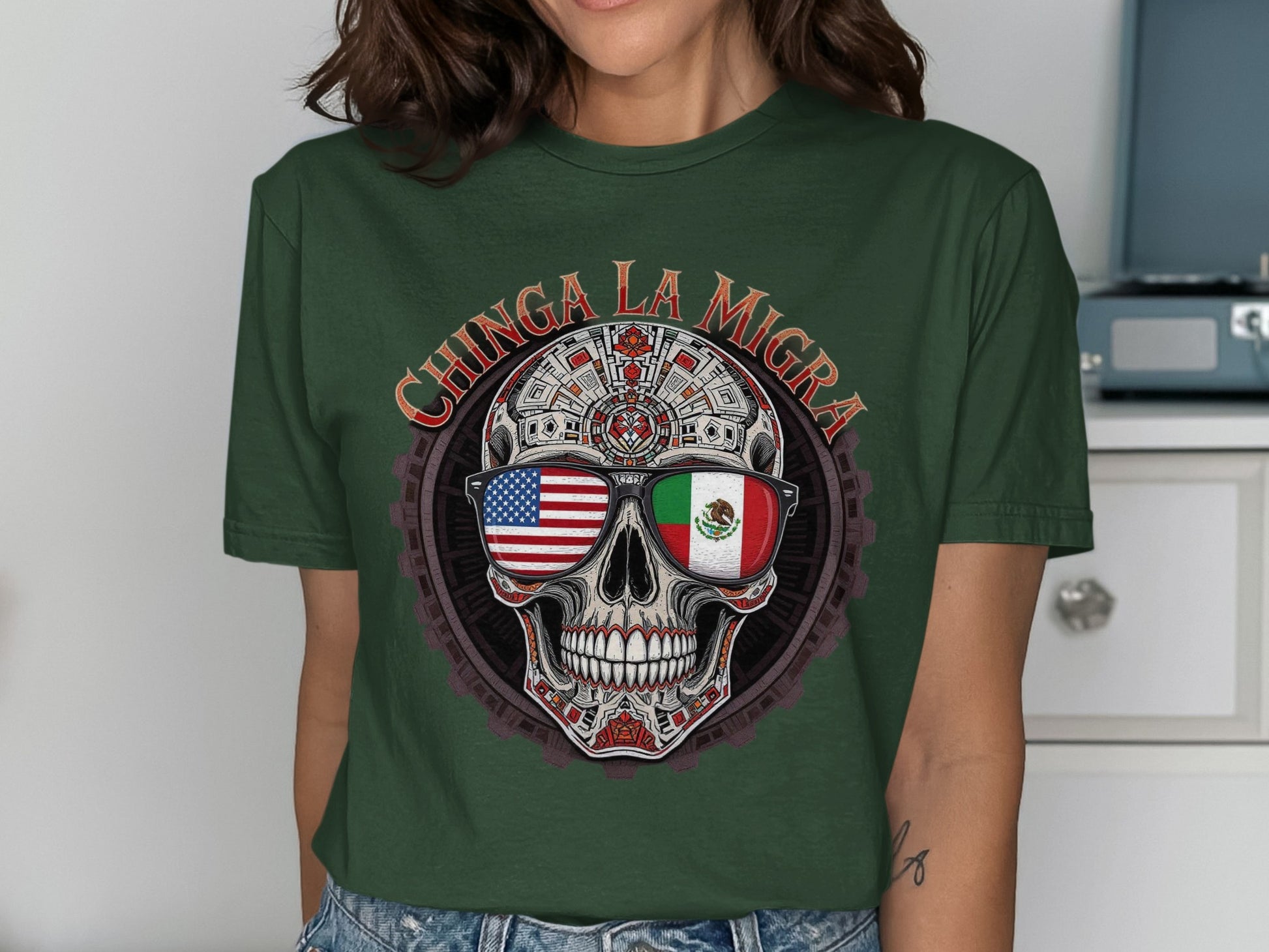 Chinga La Migra Skull Design Graphic Tee Shirt product