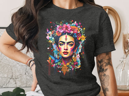 Vibrant Artistic Frida Portrait Floral Butterfly T-Shirt
