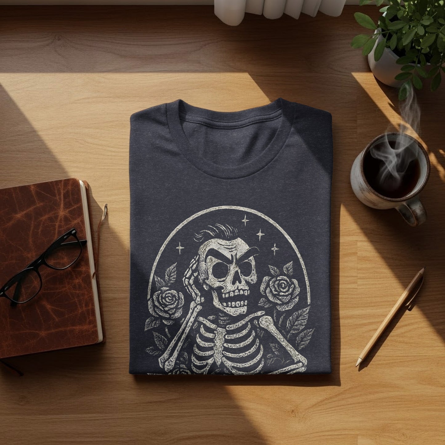 Skeleton Print Design with Roses Graphic Shirt