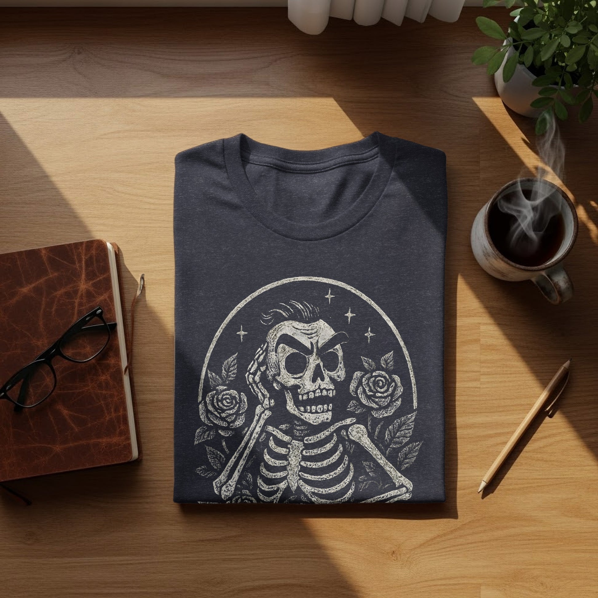 Skeleton Print Design with Roses Graphic Shirt