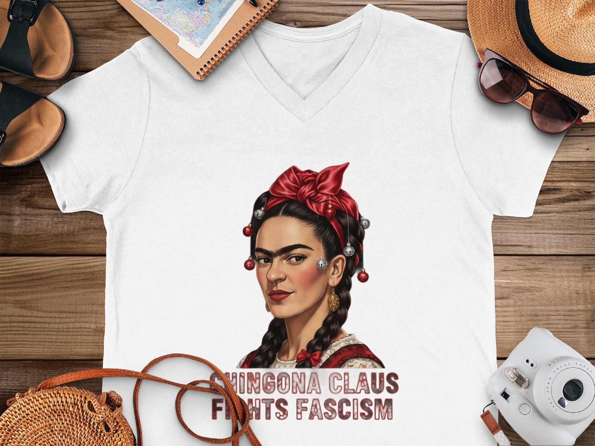 Chingona Claus Fights Fascism V-neck T-shirt