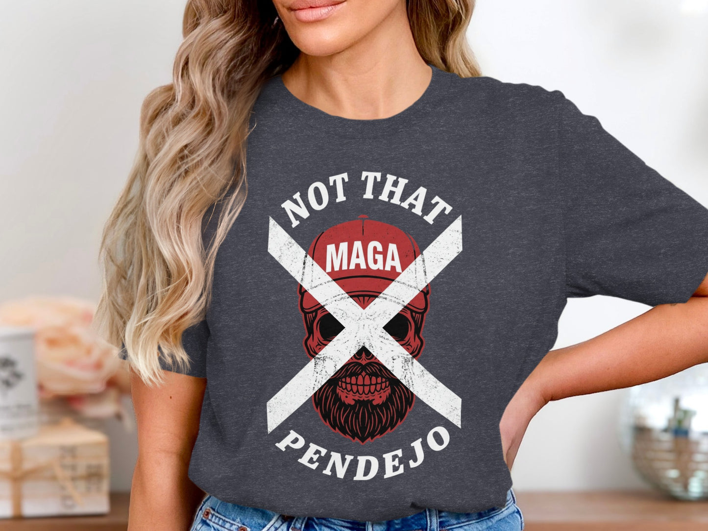 Dark t-shirt with white text and a skull graphic reading "NOT THAT MAGA PENDEJO".