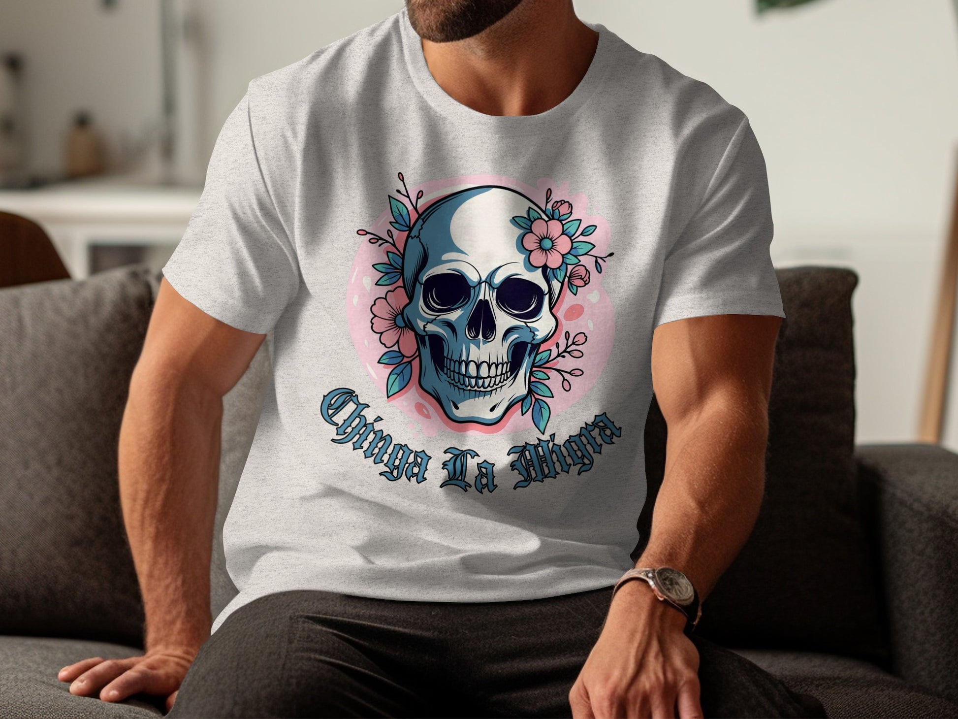 Chinga La Muga Skull with Flowers Design Shirt product