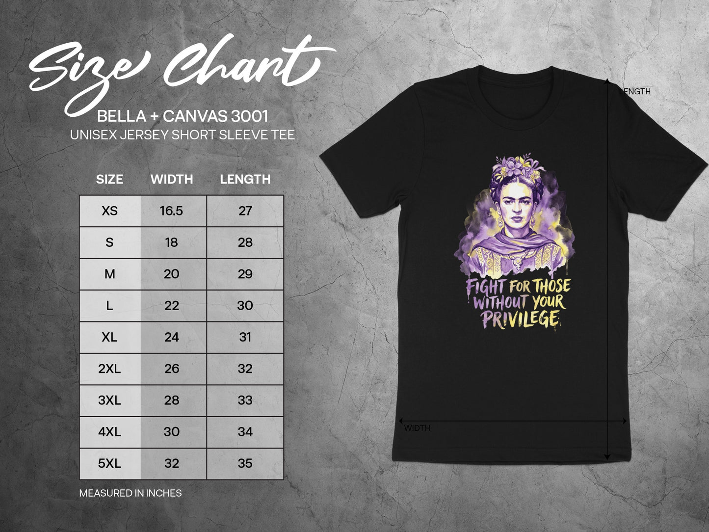 Size chart for Bella+Canvas 3001 tee with Frida Kahlo graphic.