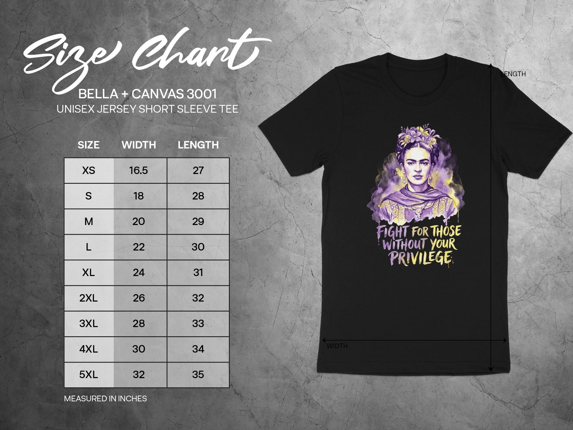 Size chart for Bella+Canvas 3001 tee with Frida Kahlo graphic.