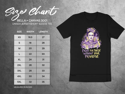 Size chart for Bella+Canvas 3001 tee with Frida Kahlo graphic.