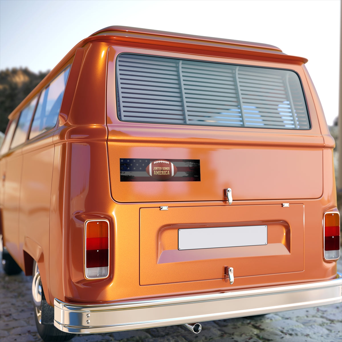 Orange Vintage Van with Juntos Somos America Decal