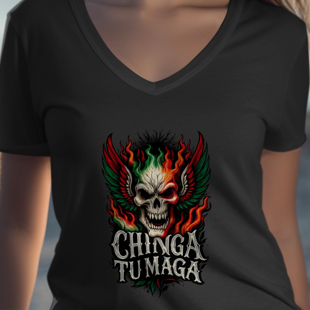 Chinga Tu Maga Skull with Wings V-neck T-shirt product type