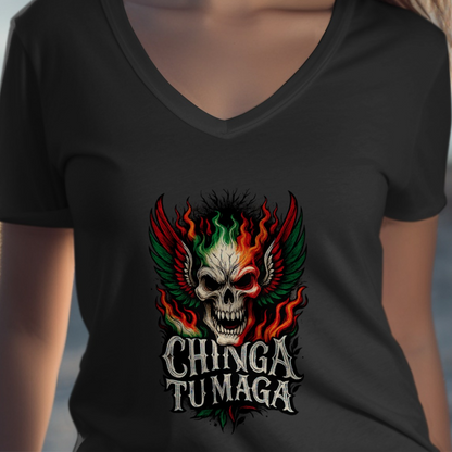 Chinga Tu Maga Skull with Wings V-neck T-shirt product type