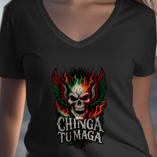 Chinga Tu Maga Skull with Wings V-neck T-shirt product type