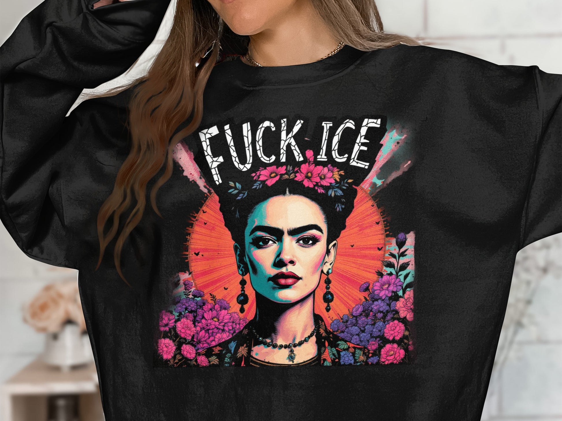 Colorful Fierce Portrait with Flowers Graphic Sweatshirt