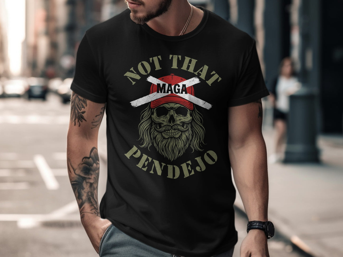 Black t-shirt with "NOT THAT PENDEJO" text and skull graphic.