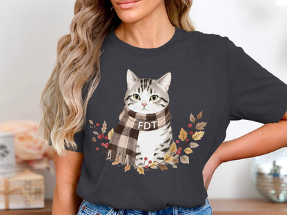 Cute Autumn Cat with Scarf Graphic Design Shirt