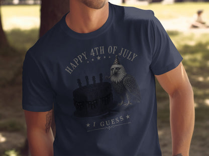 Navy t-shirt with "Happy 4th of July I Guess" text, eagle wearing party hat, and cake.