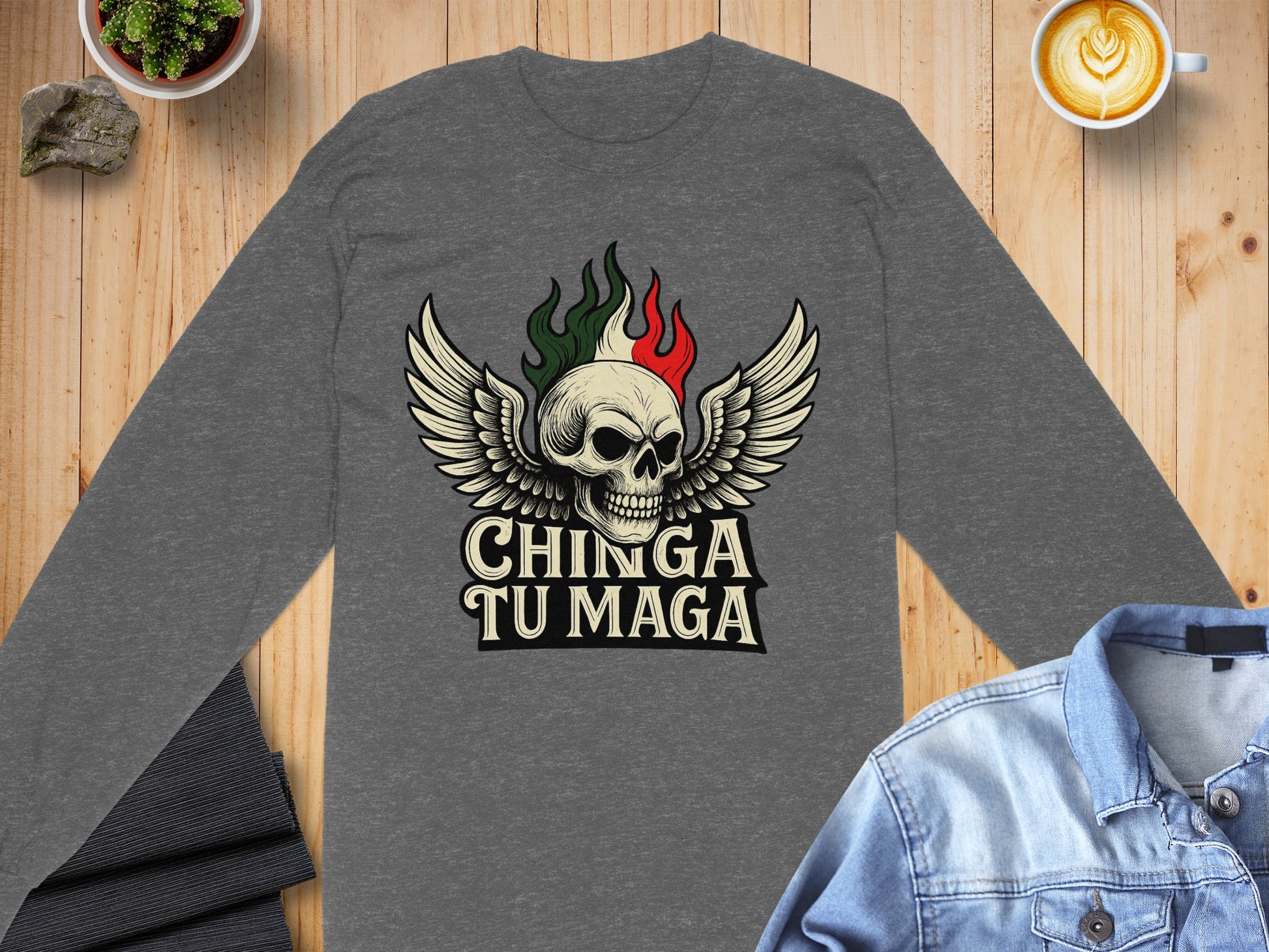 Chinga Tu Maga Skull and Wings Graphic Long Sleeve
