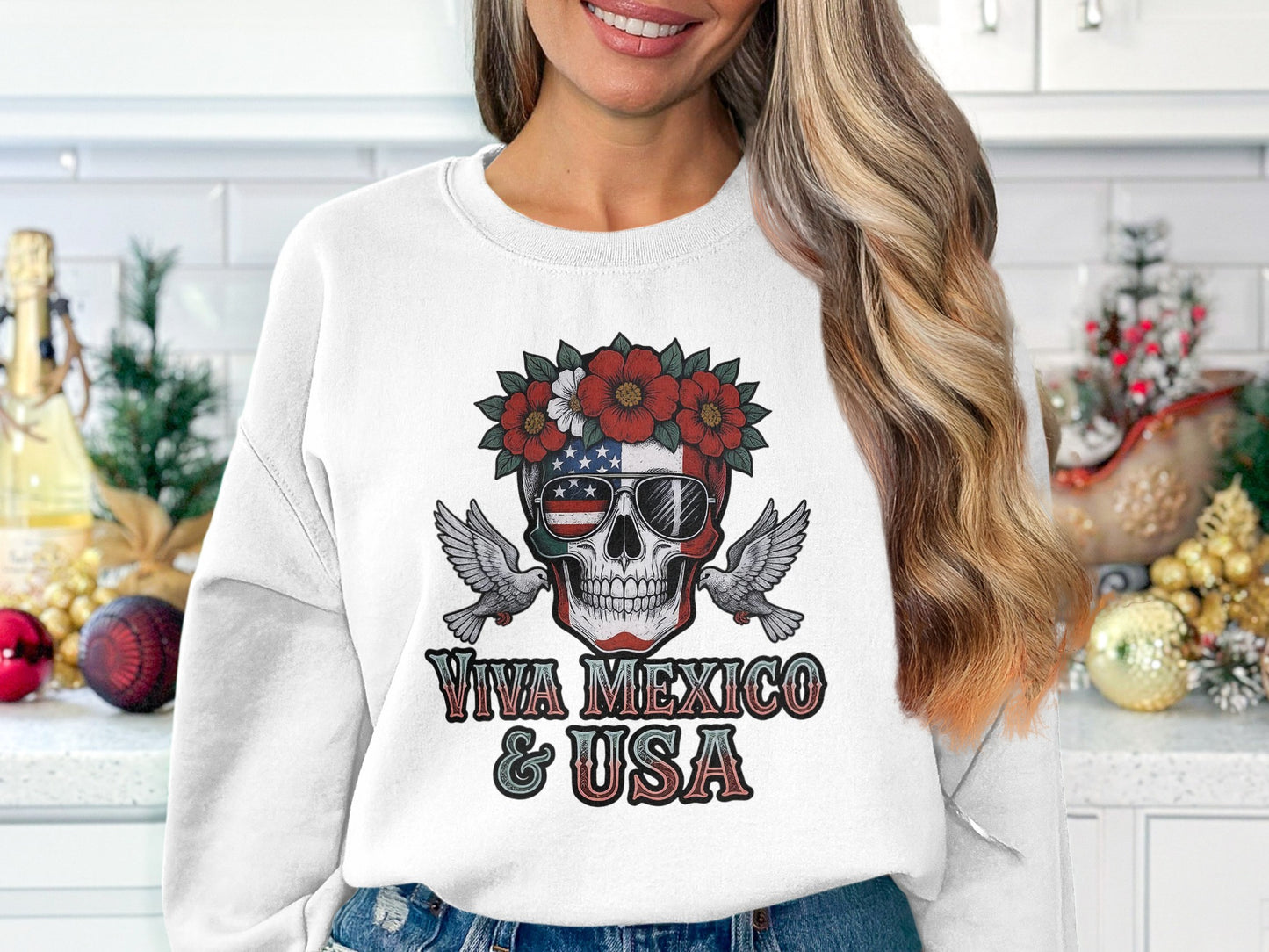 Viva Mexico & USA Skull and Flowers sweatshirt