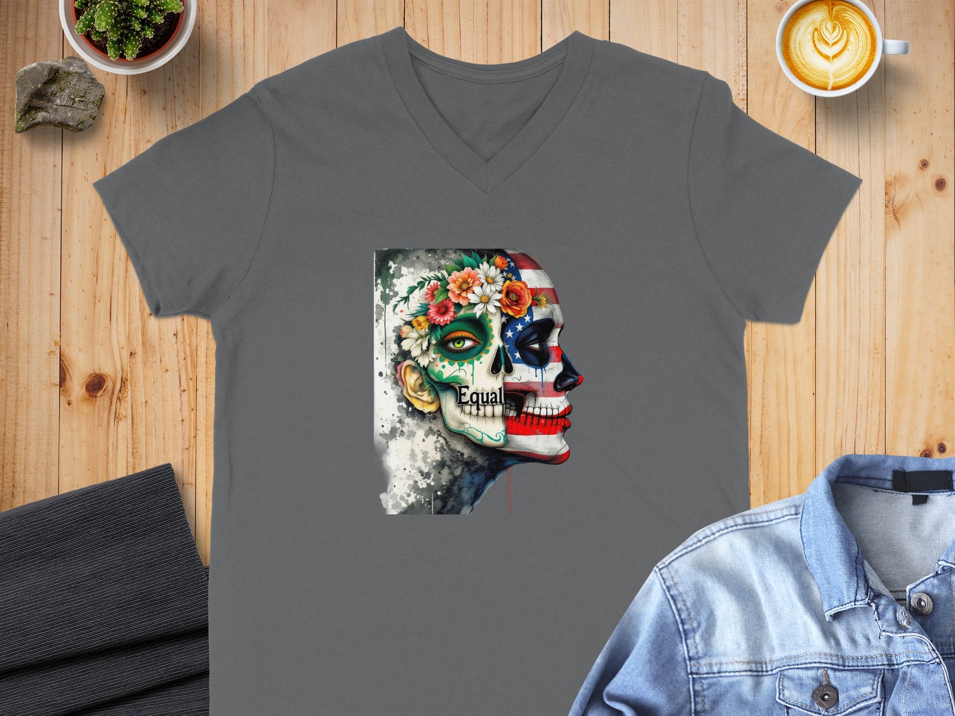 Colorful Skull Art on Grey V-Neck T-Shirt product type