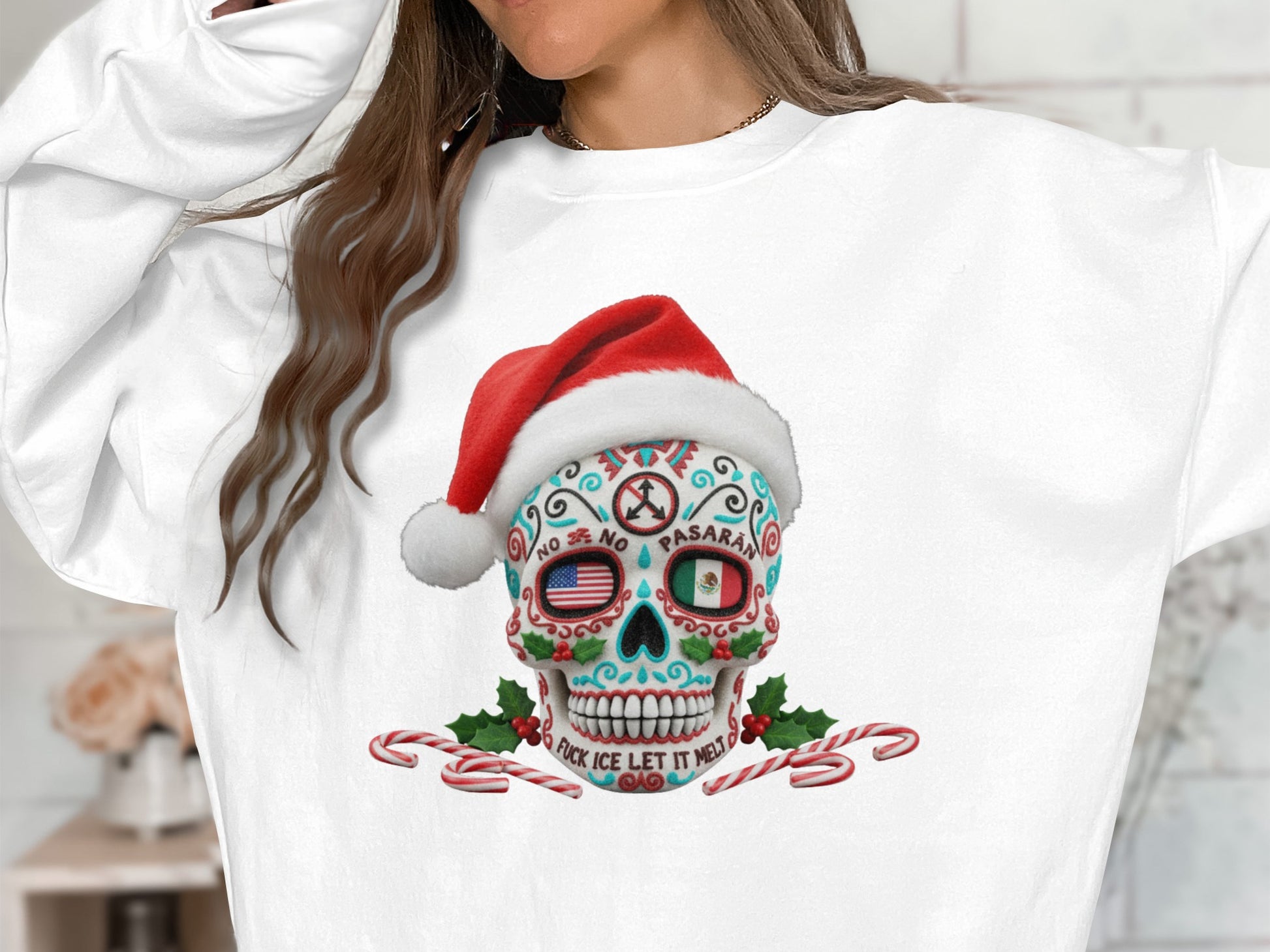 Unique Sugar Skull Santa Sweatshirt with Candy Cane Design