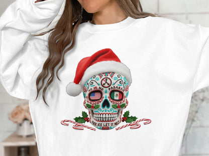 Unique Sugar Skull Santa Sweatshirt with Candy Cane Design
