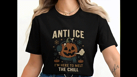 A woman wearing a black t-shirt with a graphic design featuring a jack-o-lantern and the text "ANTI ICE I'M HERE TO MELT THE CHILL".