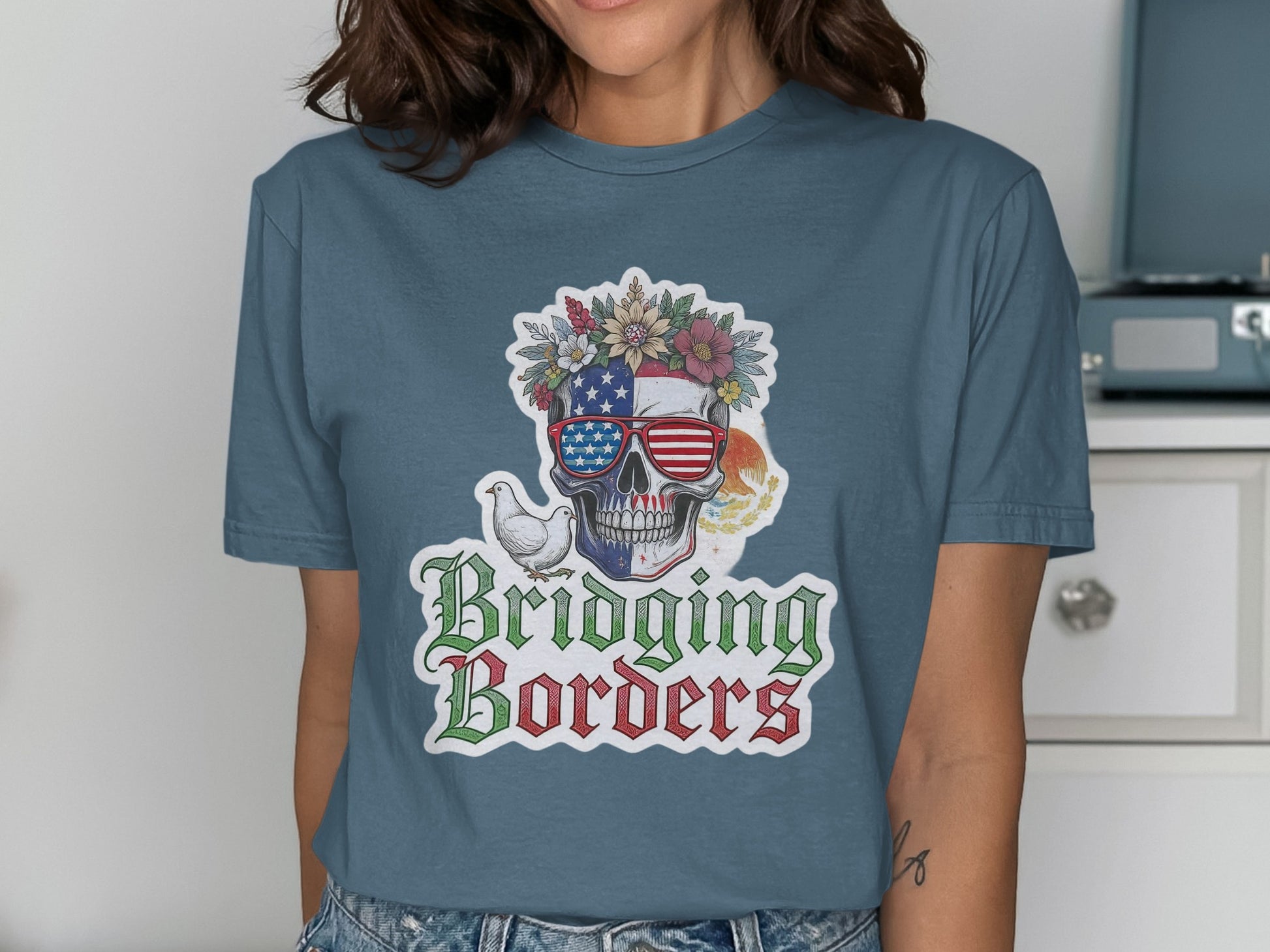Bridging Borders Skull and Flowers Graphic Shirt product