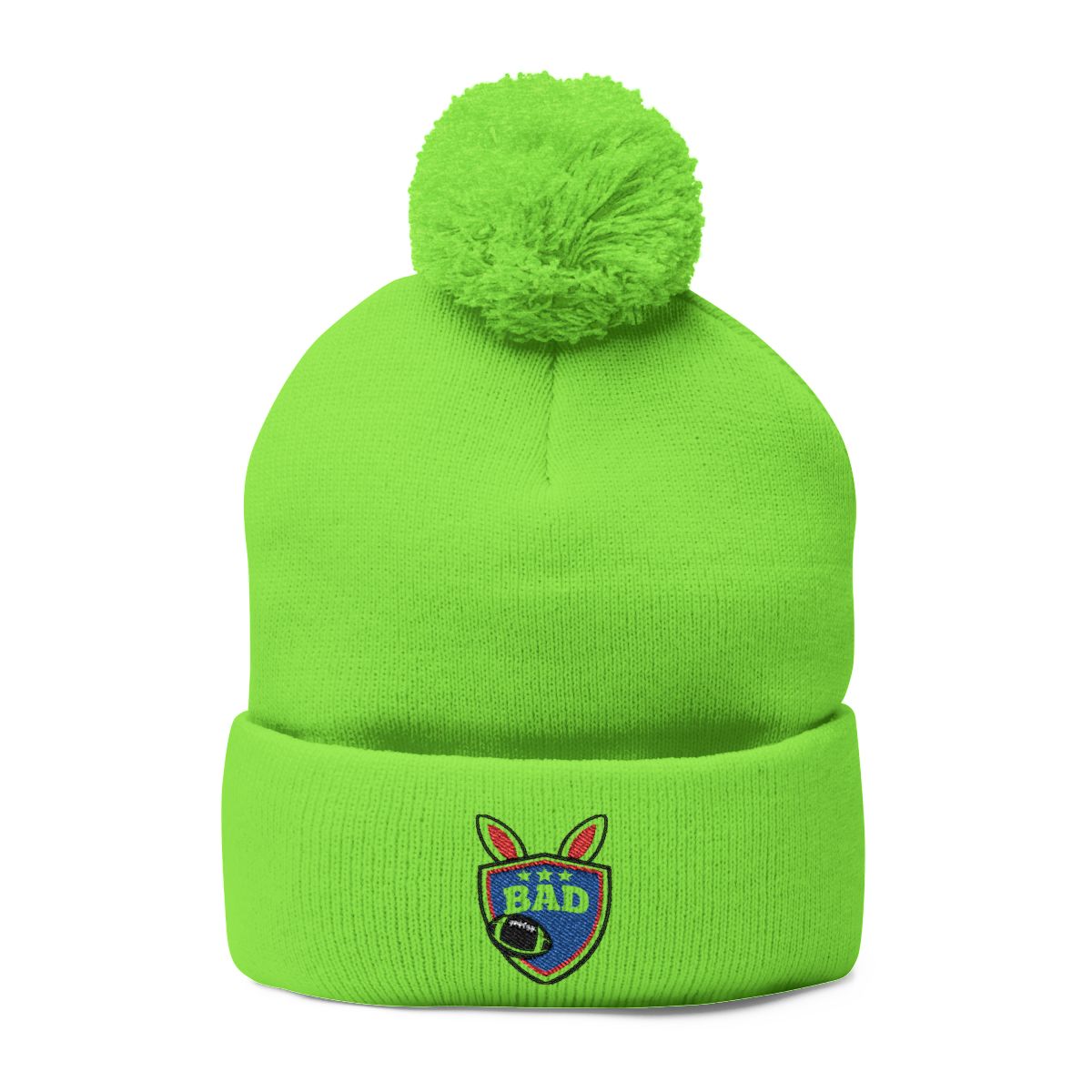 Neon Green Bad Emblem Pom Pom Beanie Hat Product
