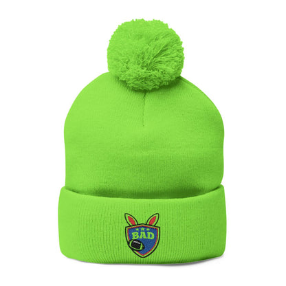 Neon Green Bad Emblem Pom Pom Beanie Hat Product