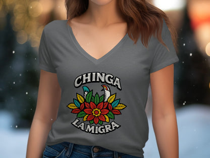 Bold Floral Emblem Chinga La Migra T-Shirt product