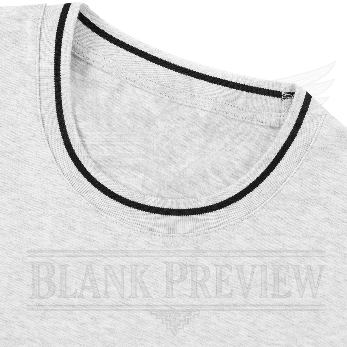 A close-up view of a gray t-shirt with a black collar and a black stripe along the edge.