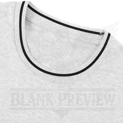 A close-up view of a gray t-shirt with a black collar and a black stripe along the edge.