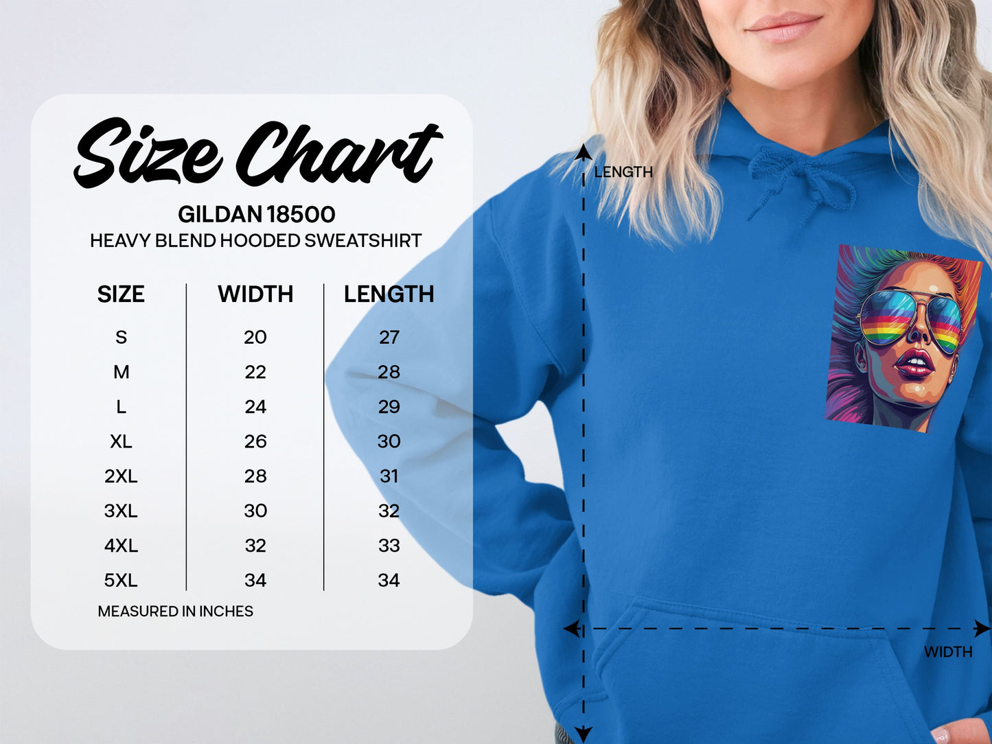 Vibrant Pop Art Style Hoodie Size Guide Sweatshirt Product