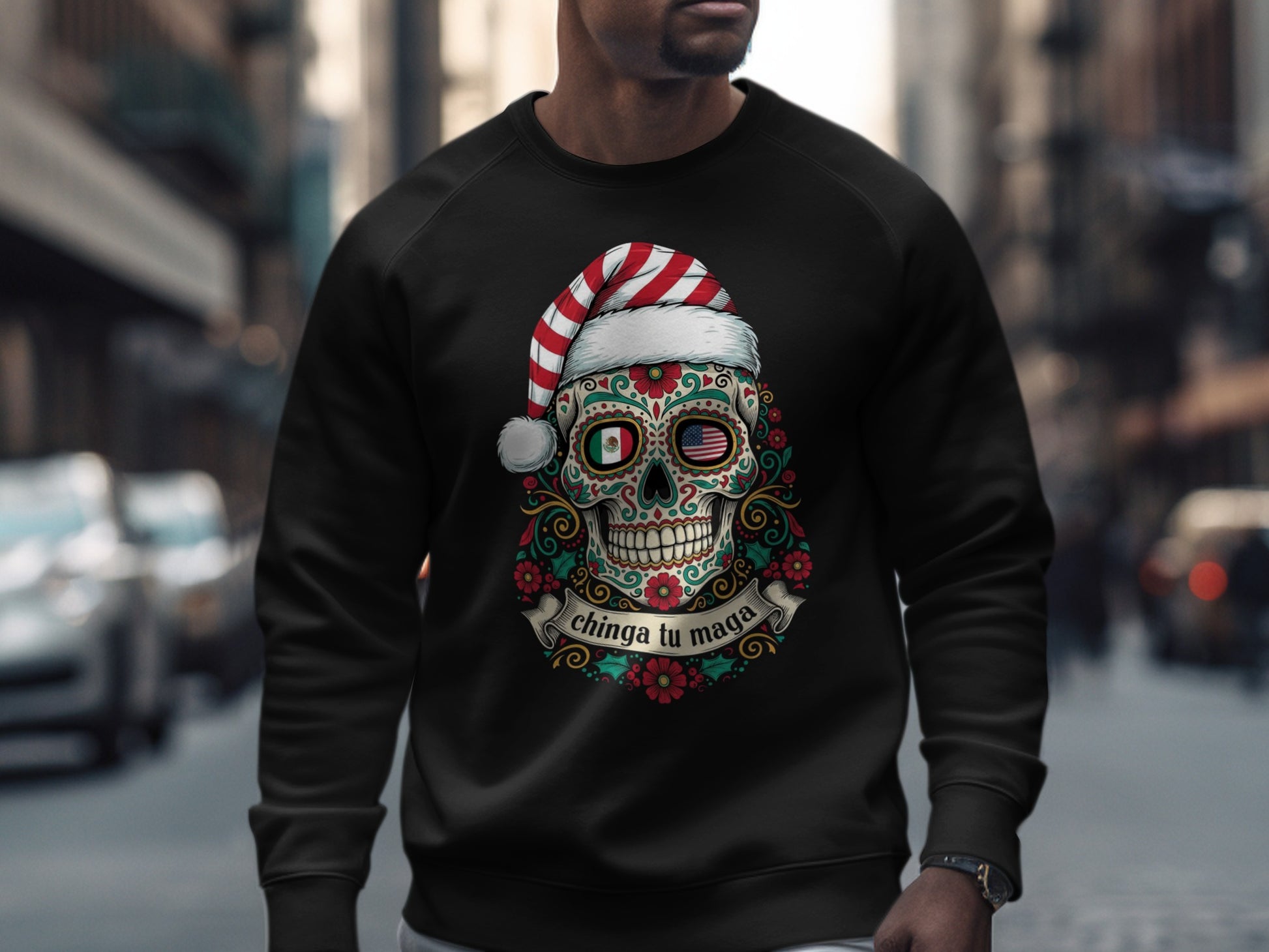 Santa Hat Sugar Skull Chinga Tu Madre Sweatshirt