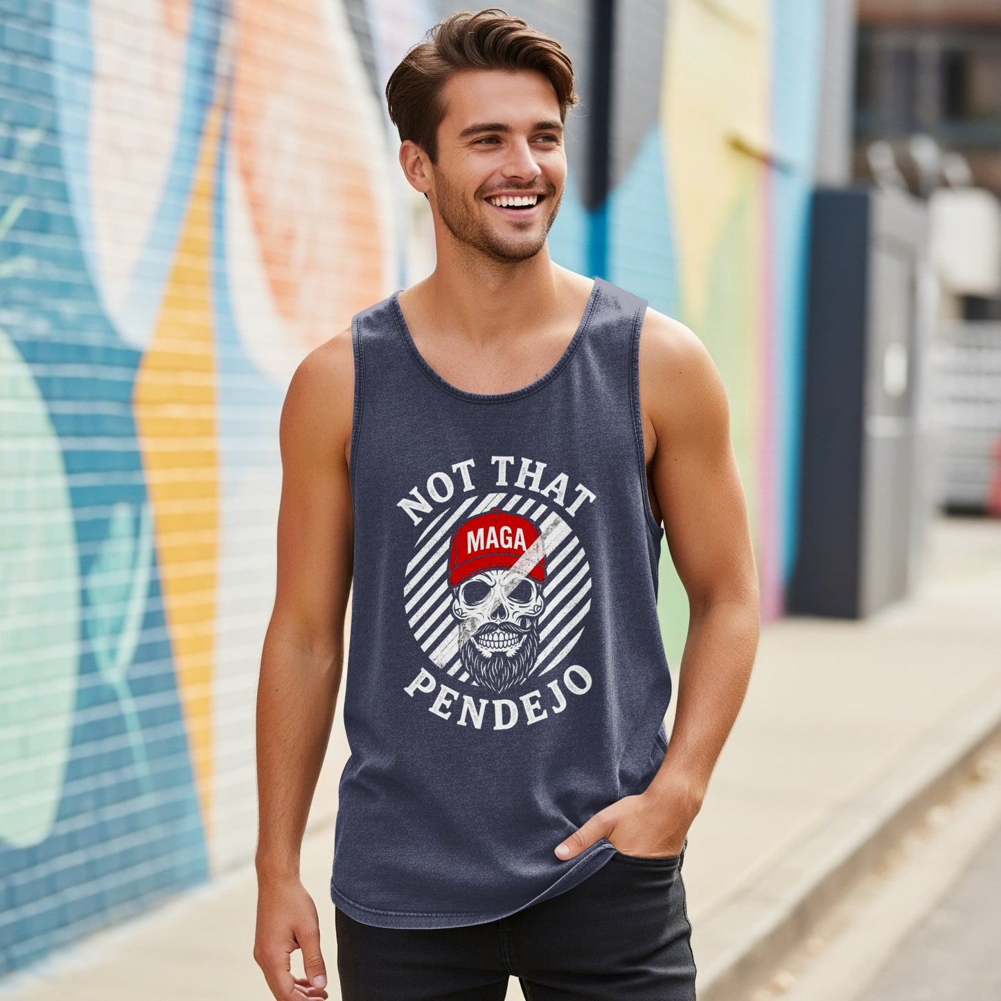 Man in tank top with "NOT THAT MAGA PENDEJO" graphic on striped background.