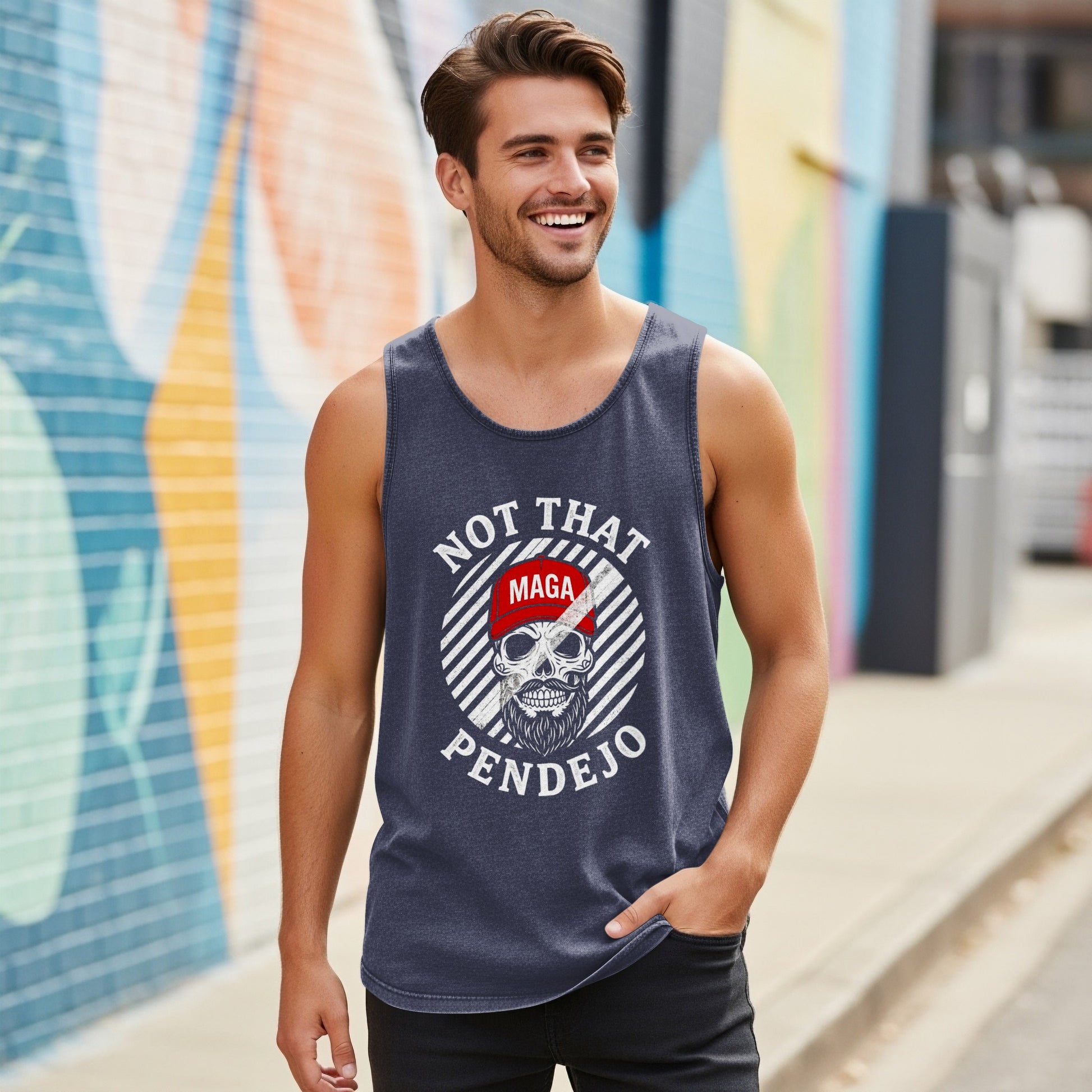 Man in tank top with "NOT THAT MAGA PENDEJO" graphic on striped background.