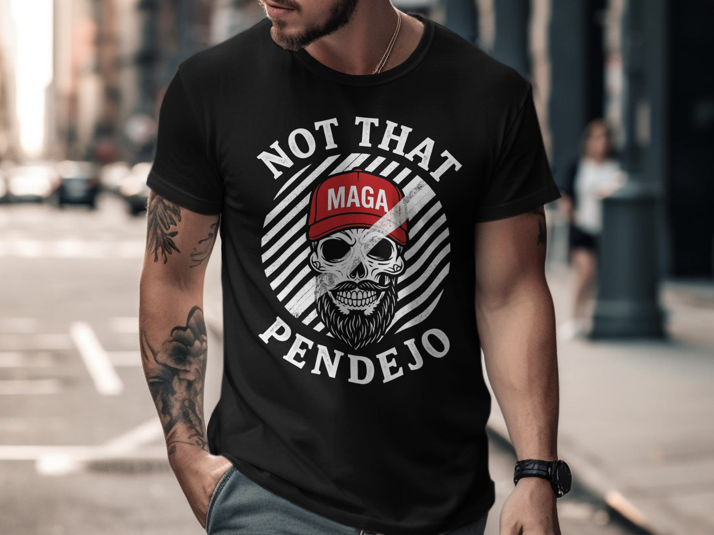 Black t-shirt with "NOT THAT PENDEJO" and MAGA hat design.