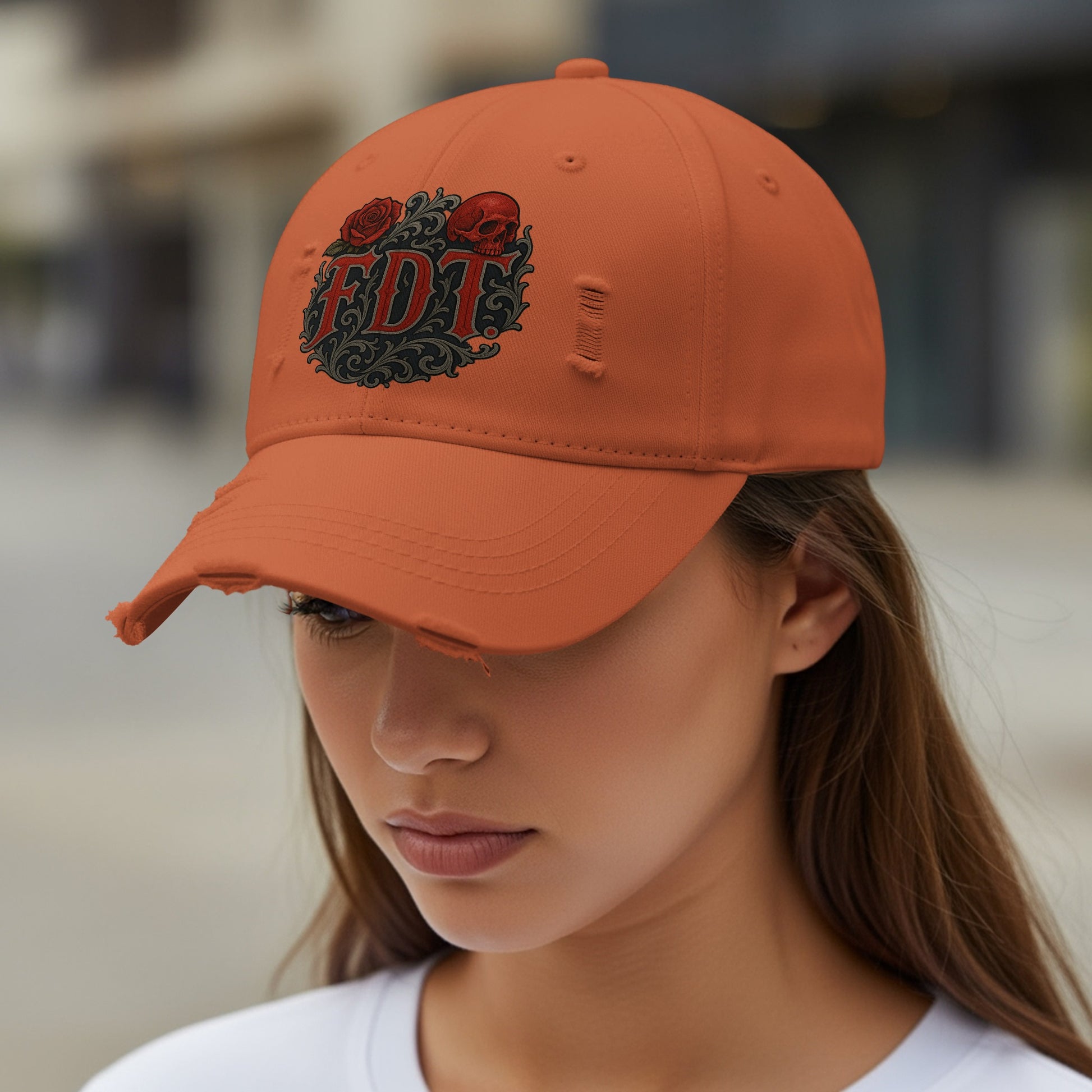 Distressed Orange Cap with Floral Print Hat product type