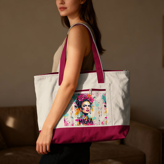 Tote bag with Frida Kahlo inspired graphic and "Fuck La Migra" text.