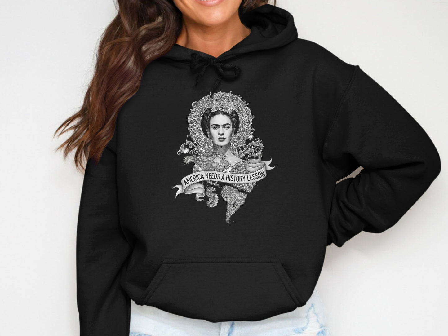 Frida Kahlo America Needs History Lesson Black Background Hoodies