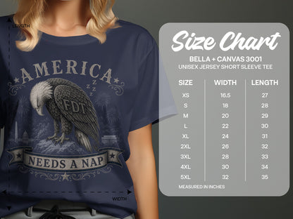 T-shirt size chart for Bella + Canvas 3001 unisex short sleeve tee.