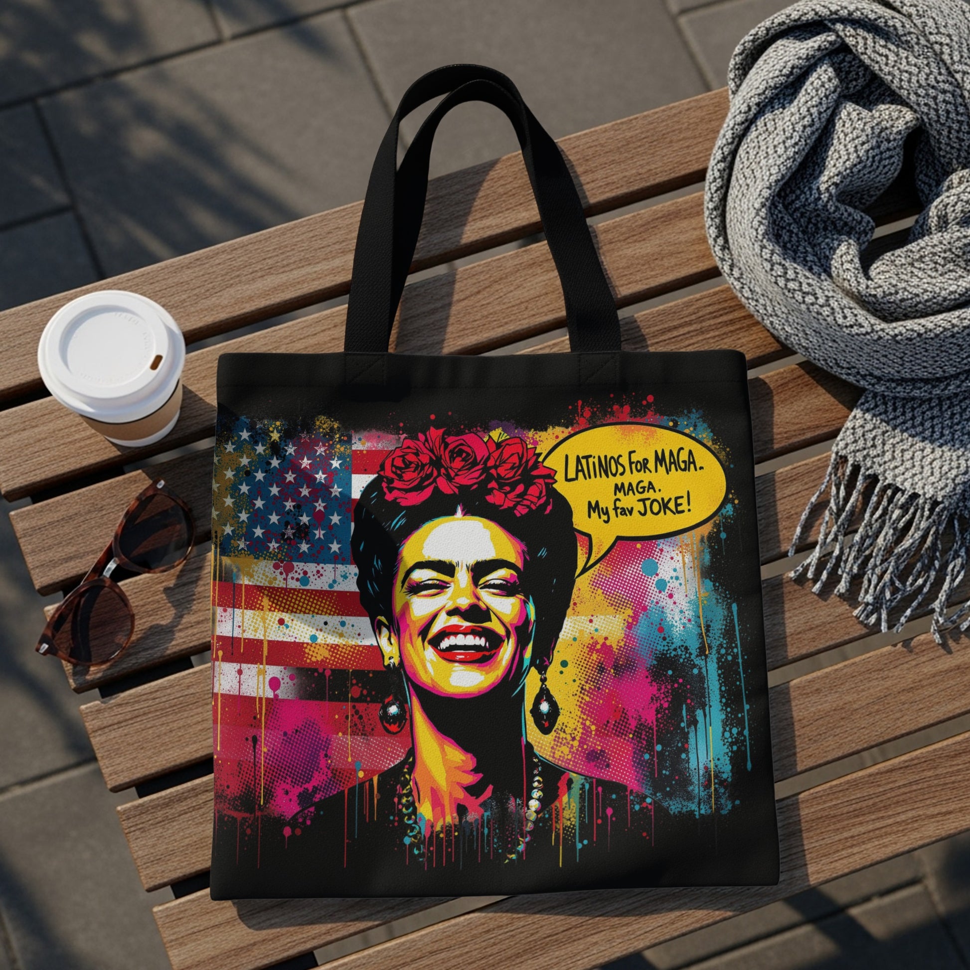 Tote bag with Frida Kahlo artwork and "Latinos for maga, maga my fav joke" text.