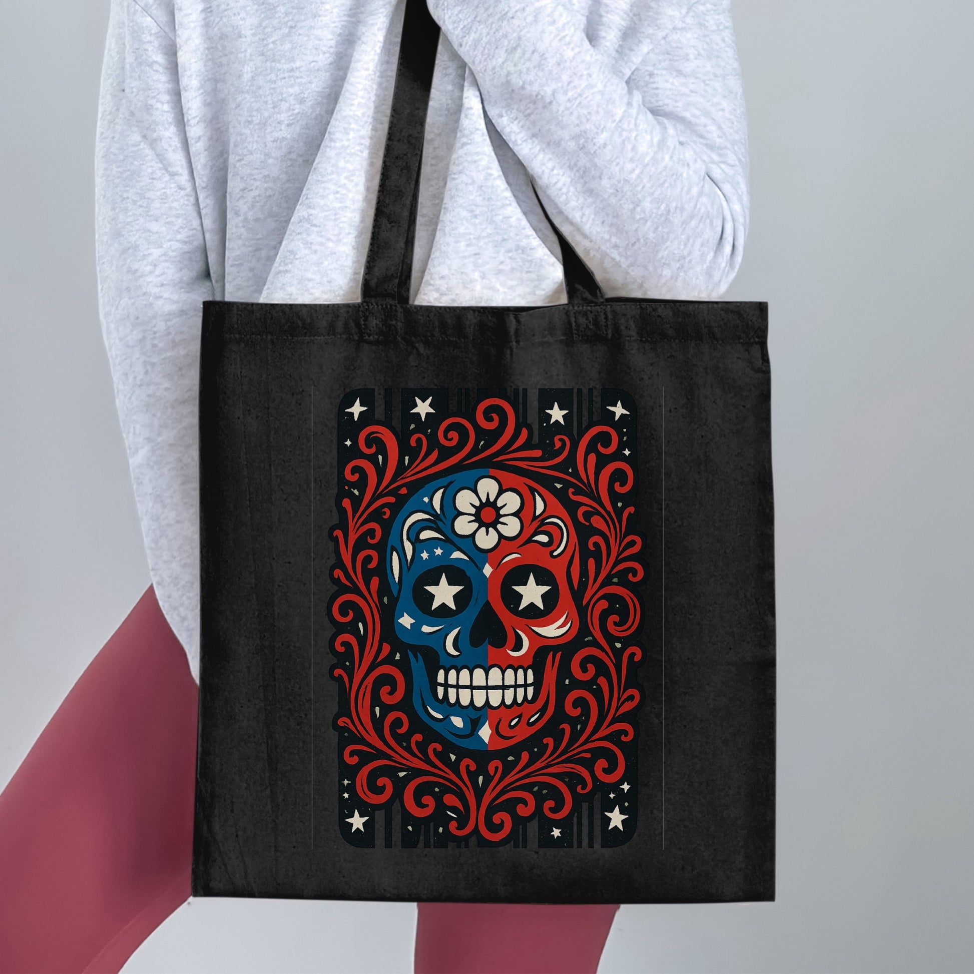 Colorful Sugar Skull Design on Tote Bag product type