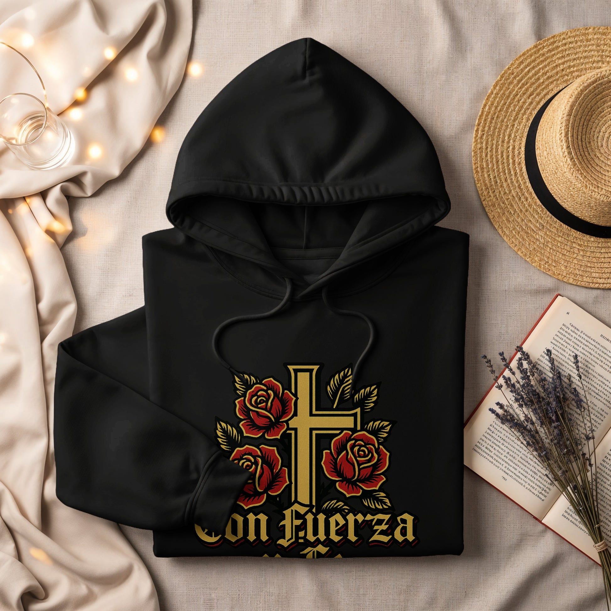 Con Fuerza Cross and Roses Design Hoodie product