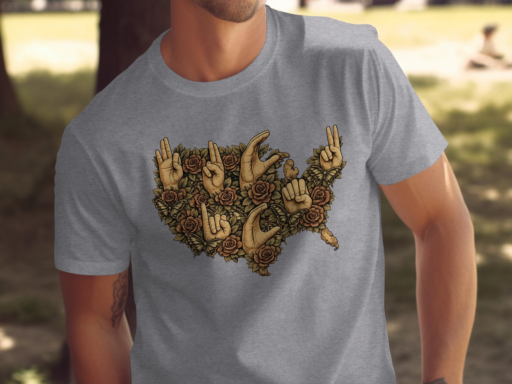 Hand Gesture Artwork on USA Map Design T-shirt
