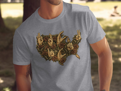 Hand Gesture Artwork on USA Map Design T-shirt