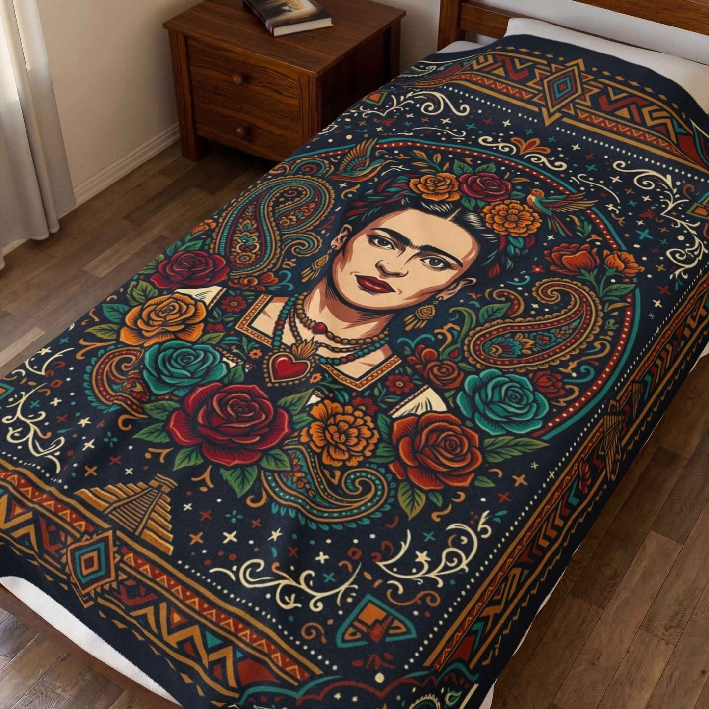 Frida Kahlo Blankets, Mexican Folk Art Floral Throw, Vibrant Iconic Artist Blanket, Cultural Decor, Aztec Paisley Home Blankets