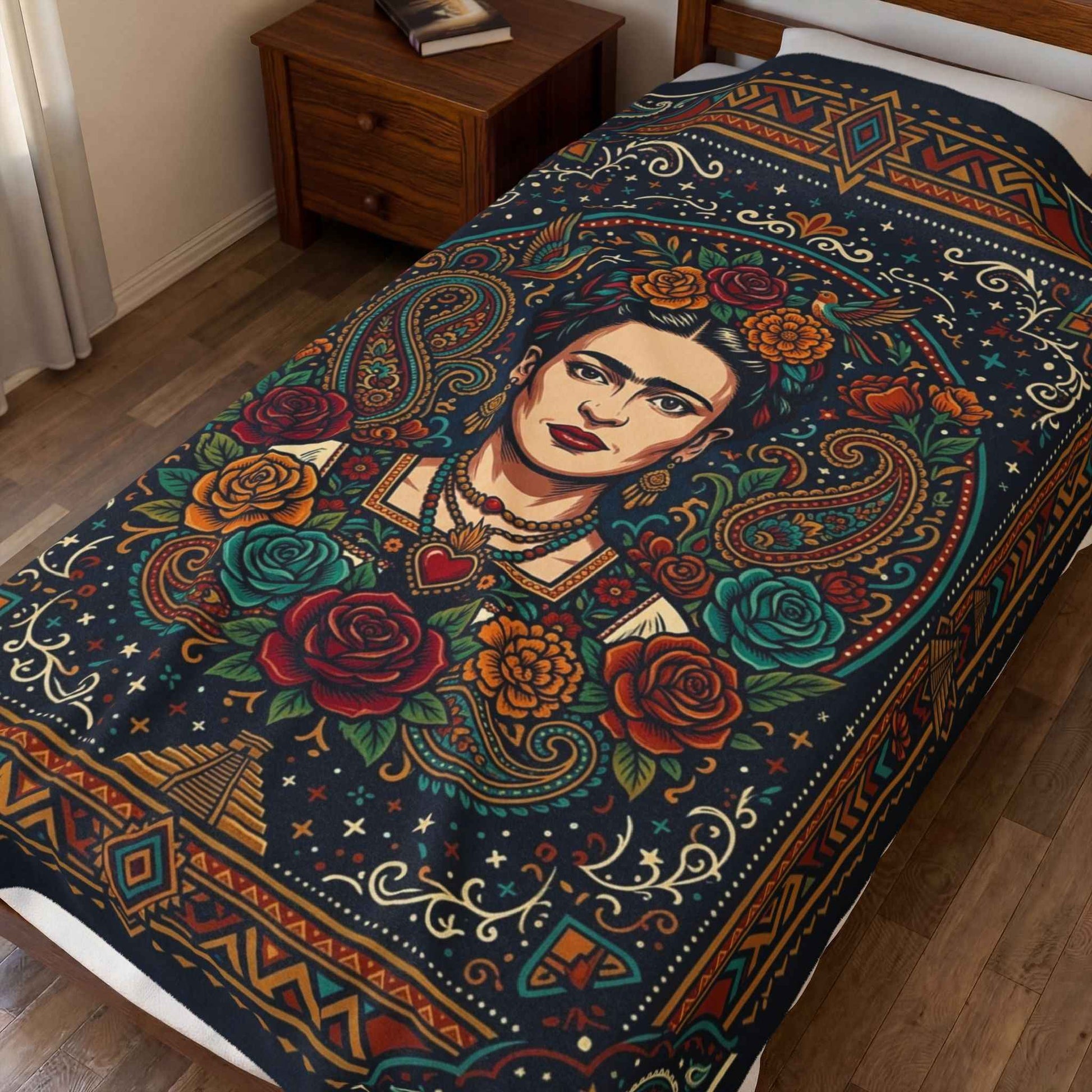 Frida Kahlo Blankets, Mexican Folk Art Floral Throw, Vibrant Iconic Artist Blanket, Cultural Decor, Aztec Paisley Home Blankets